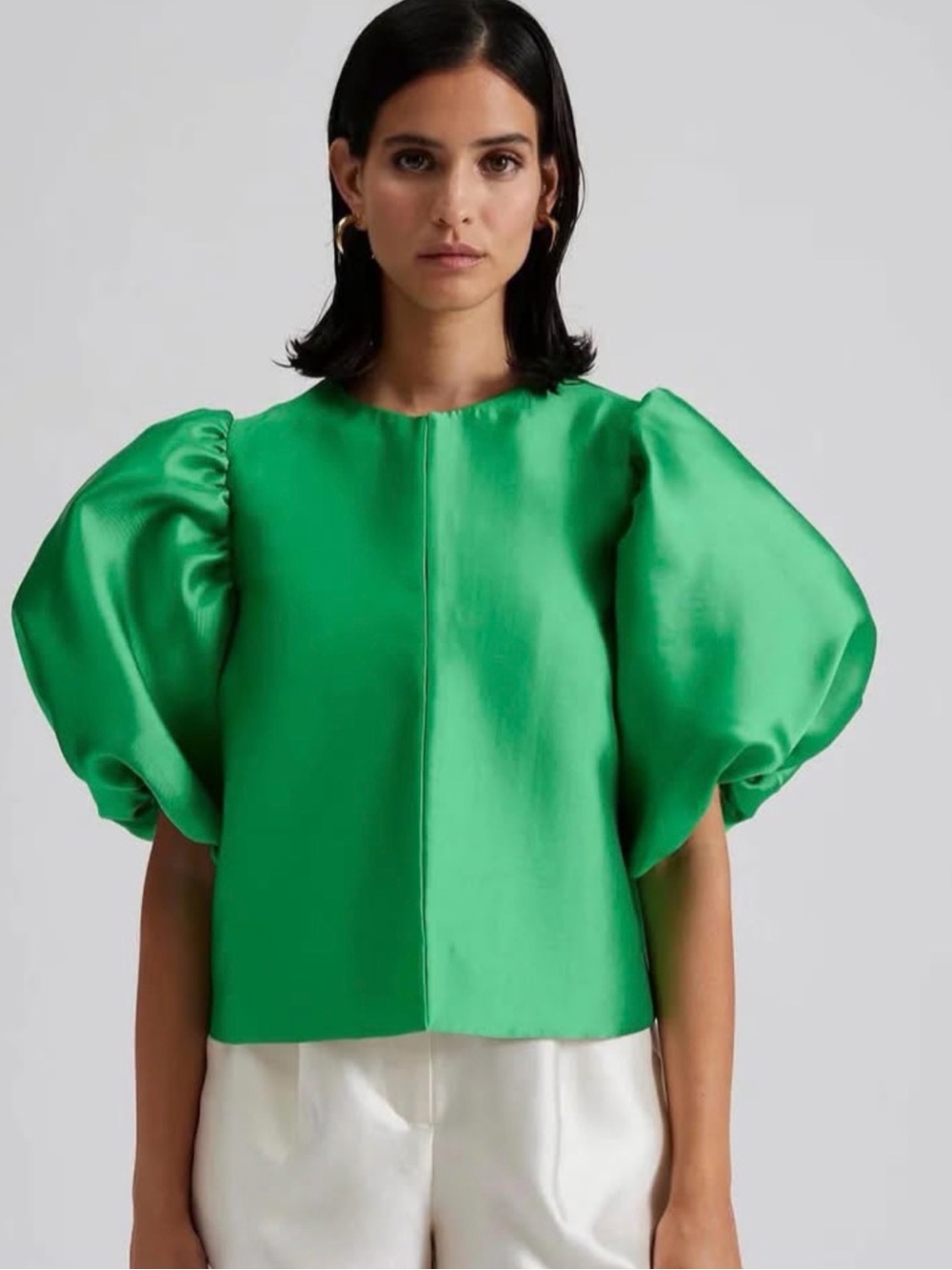 By Malina Green Puff-Sleeve Satin short sleeve zip up top size S NWT